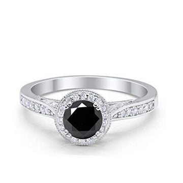 Halo Art Deco Engagement Ring Round Simulated Black CZ 925 Sterling Silver